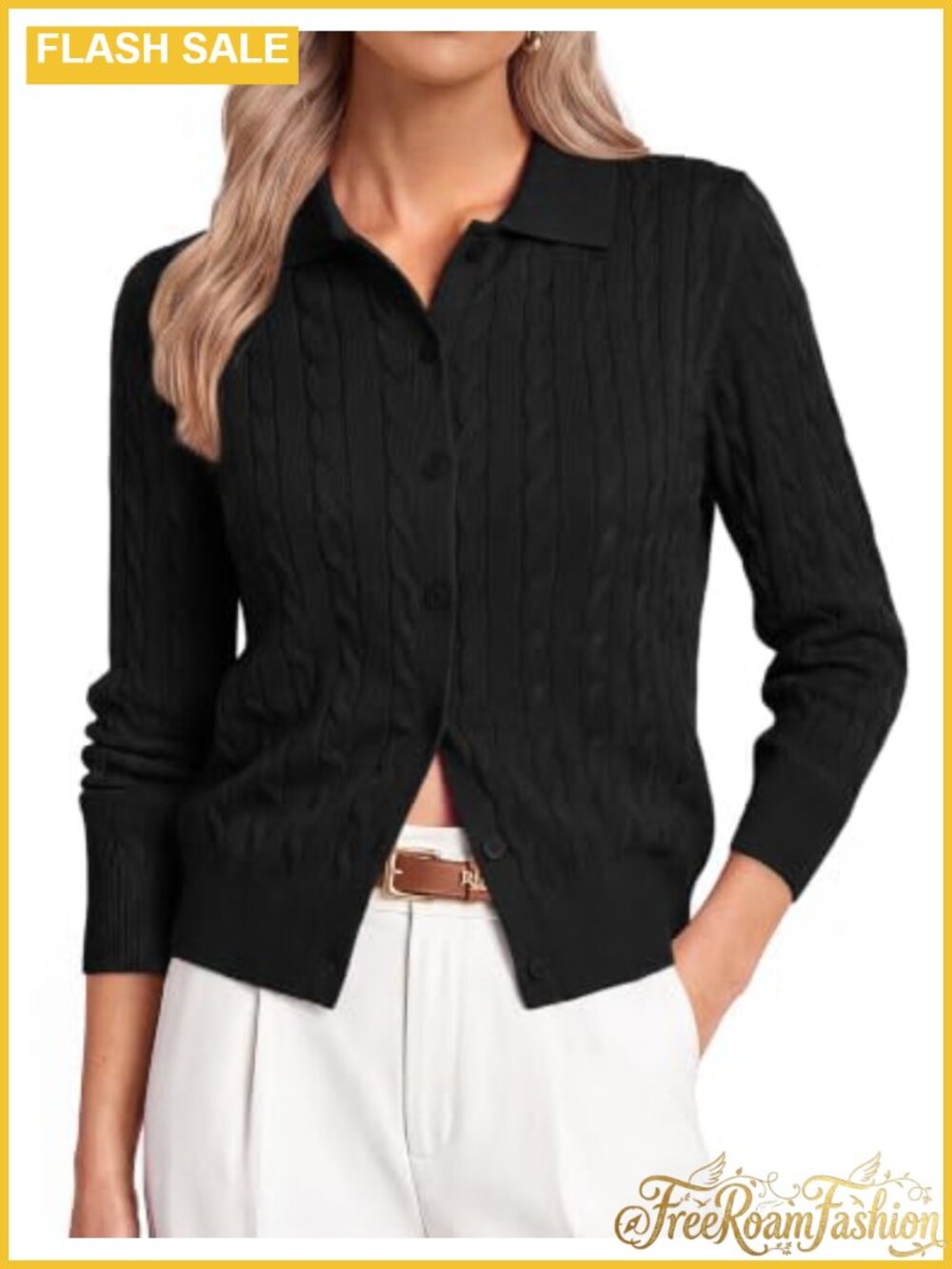 Women's Cable Knit Button-Up Collared Cardigan Long Sleeve Fall Layering Sweater